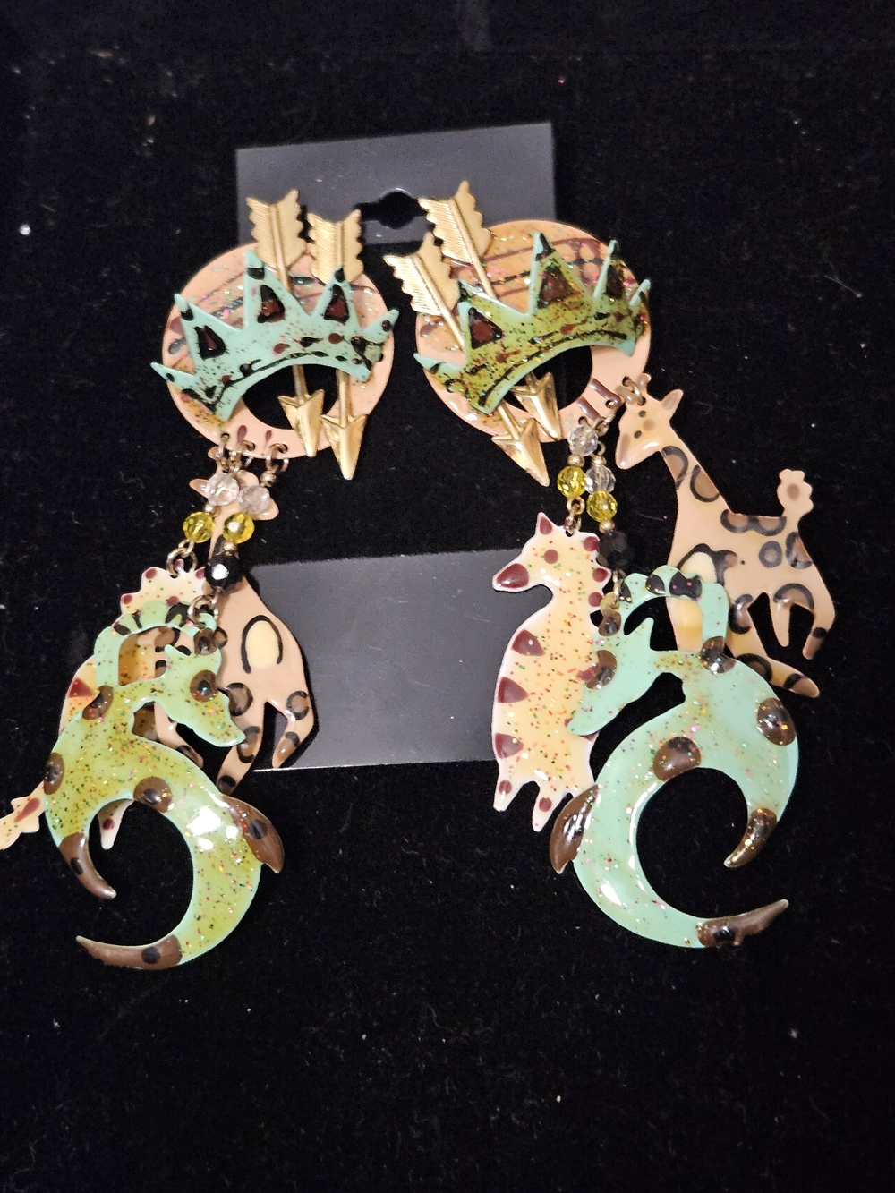 Handcrafted Multicolor Jungle Animals & Crown Drop Earrings - 1980s VTG